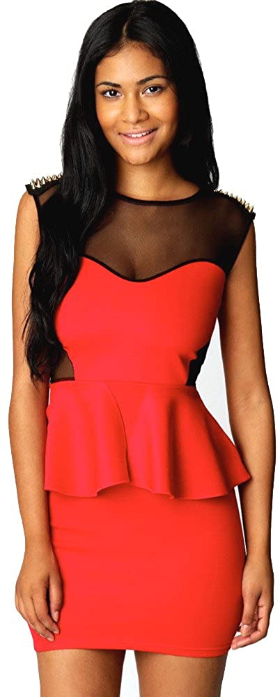 Forever Young Ladies Red Studded Mesh Peplum Dress Party Evening Wear Mini Dress
