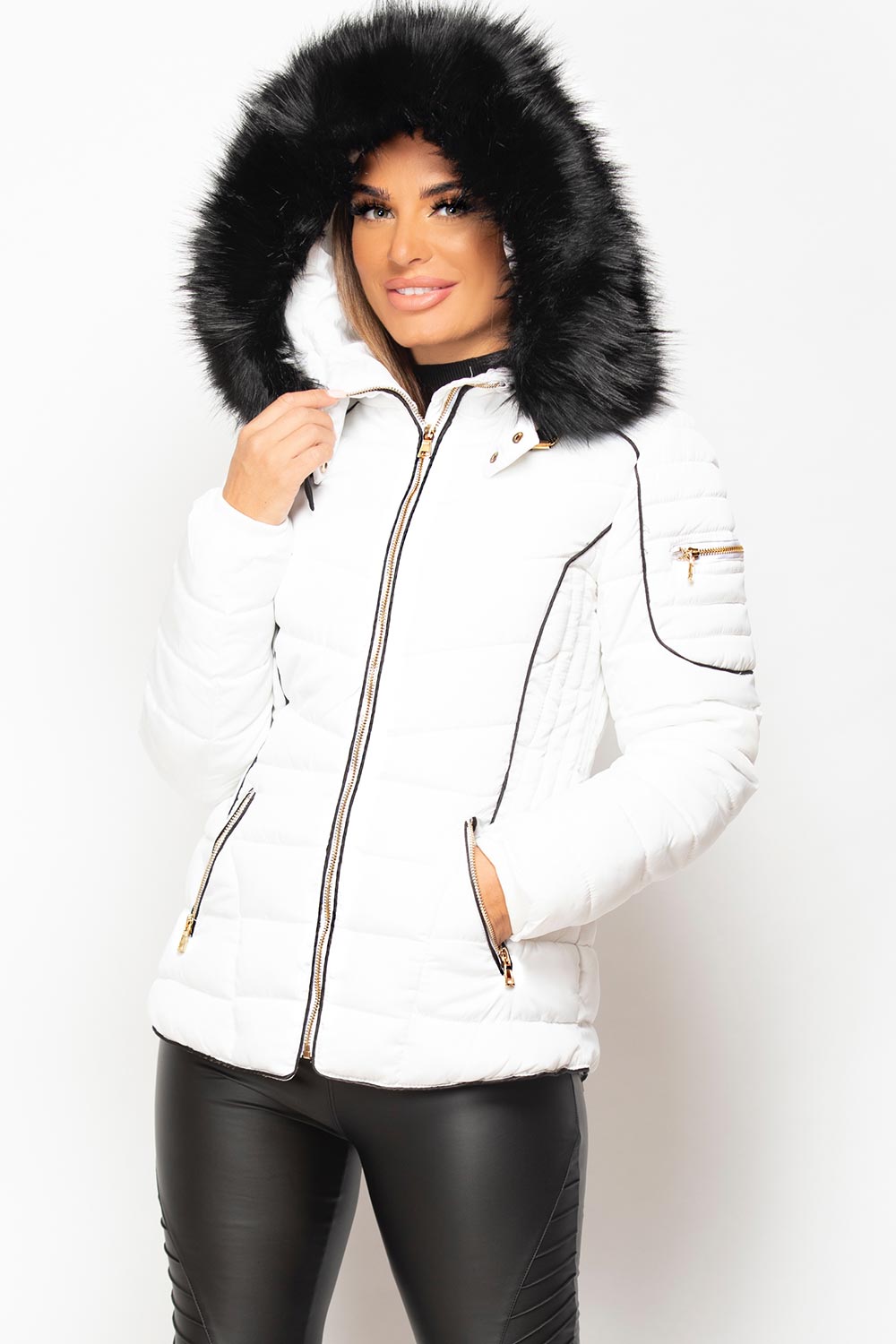 Fur Hooded Quilted Puffer Coat White style