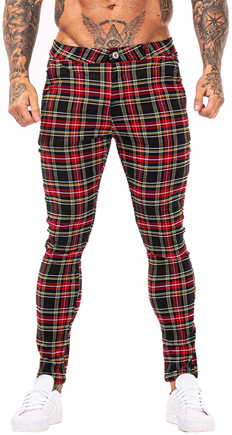 GINGTTO Mens Chinos Trousers Stretch Skinny Slim Fit Trousers Plaid Classic Checked Pants