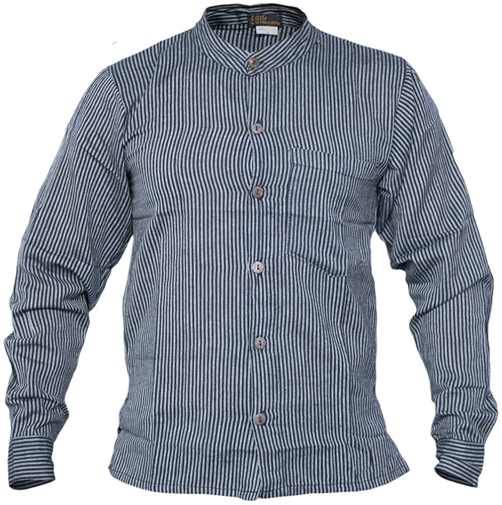 Gheri Men's Button Down Striped Grandad Nepalese Shirts Black