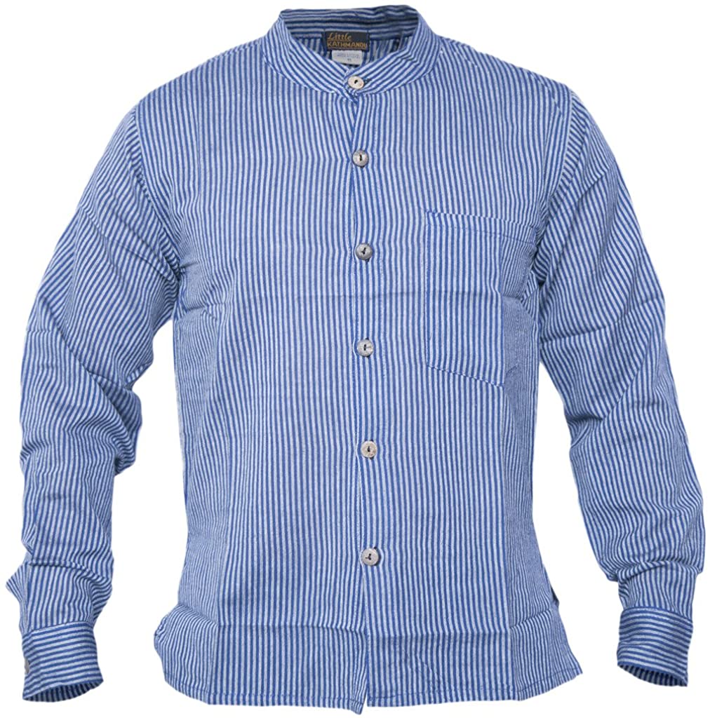 Gheri Men's Button Down Striped Grandad Nepalese Shirts Blue