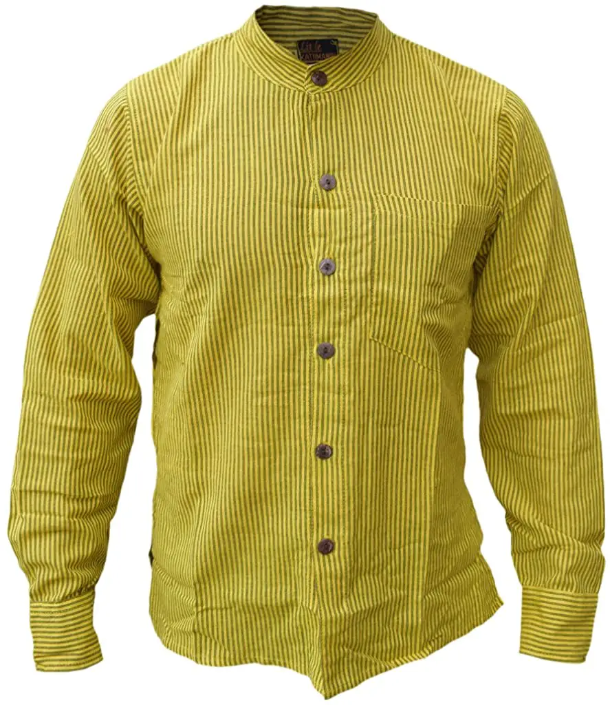 Gheri Men's Button Down Striped Grandad Nepalese Shirts Yellow