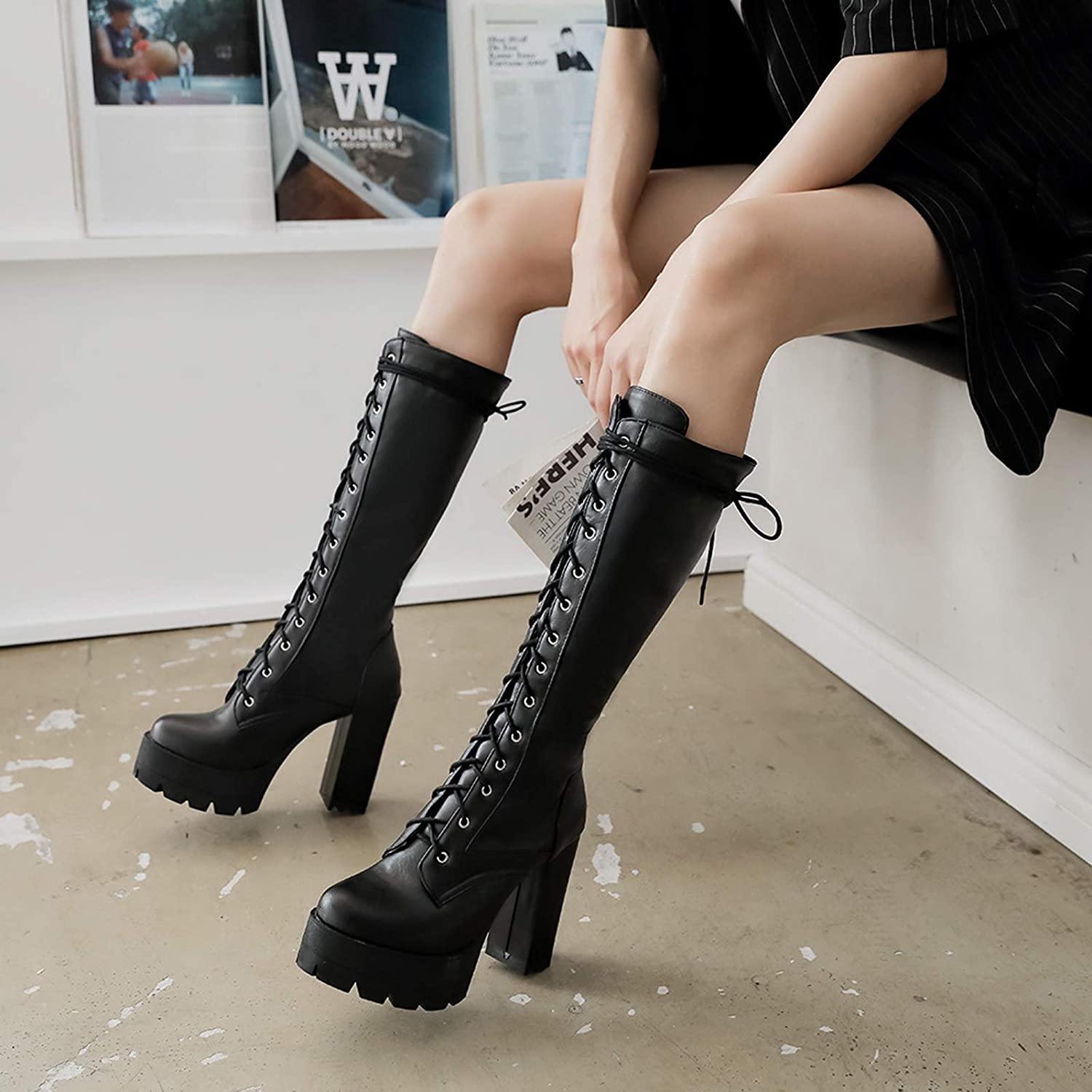 Gothic Women Block High Heel Knee High Boots Platform Lace Up Knight Boots Shoes