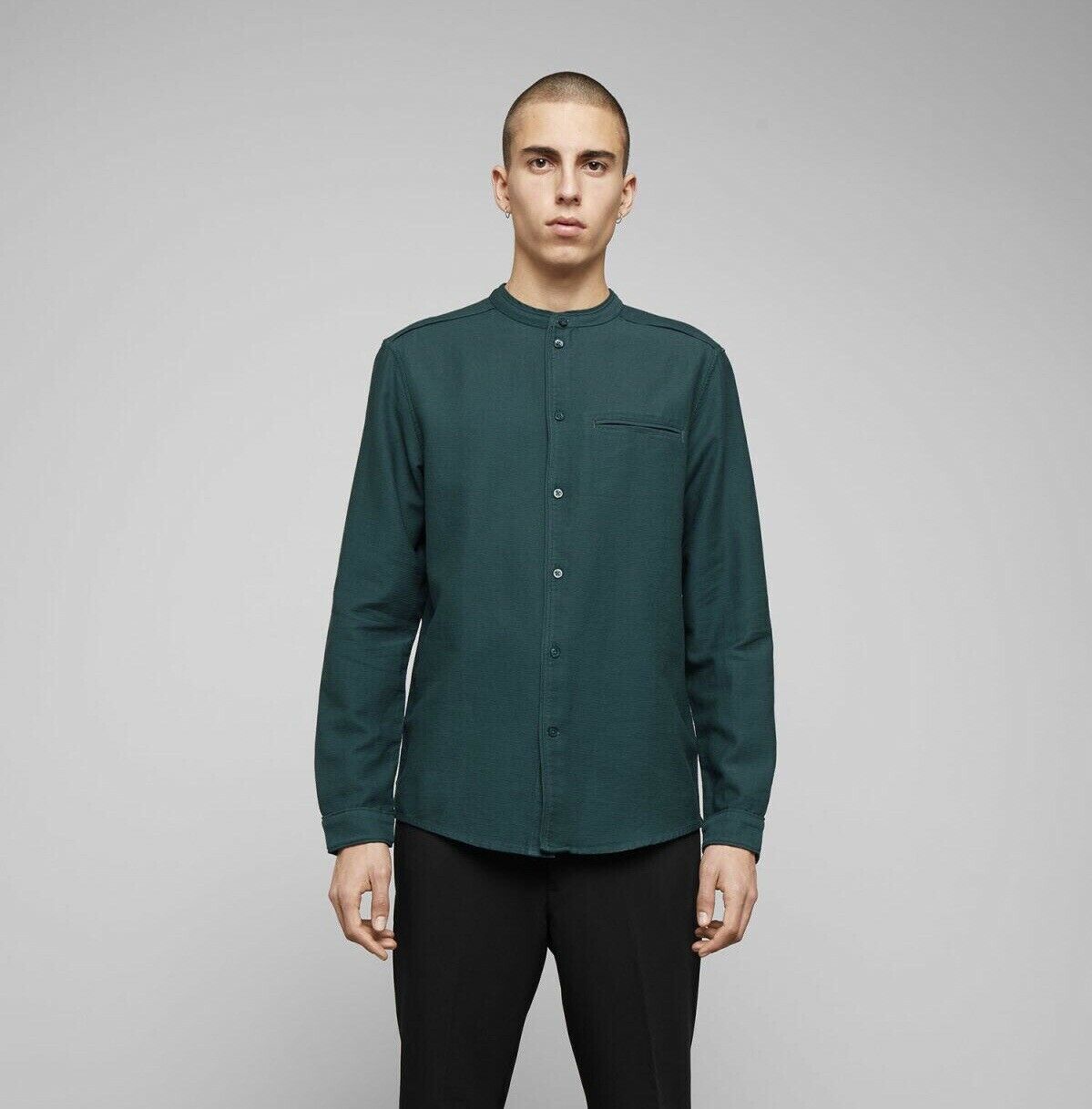Green Mandarin Collar Shirt For Mens