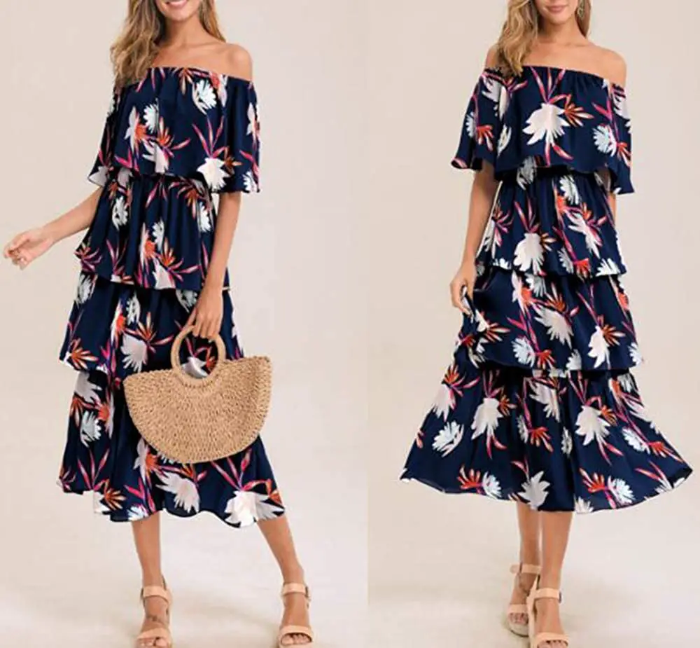 Hibasing Plus Size Womens Printed Bandeau Dresses Ladies Long Maxi Casual Cake Dress