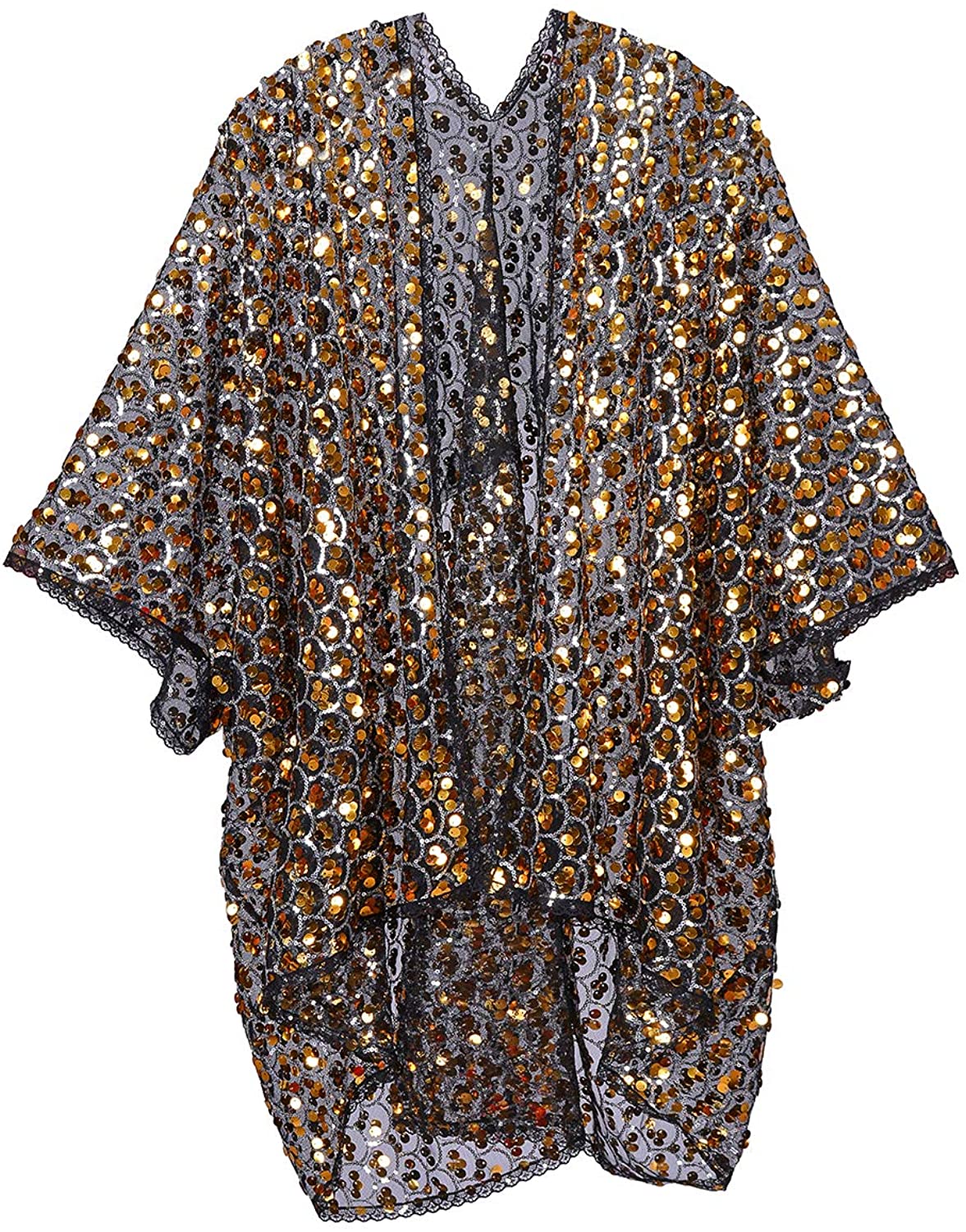 Hidden Treasure Sequin Kimono, Black & Gold Shells Festival Fashion Shawl for Rave, Club, Beach & Swimwear
