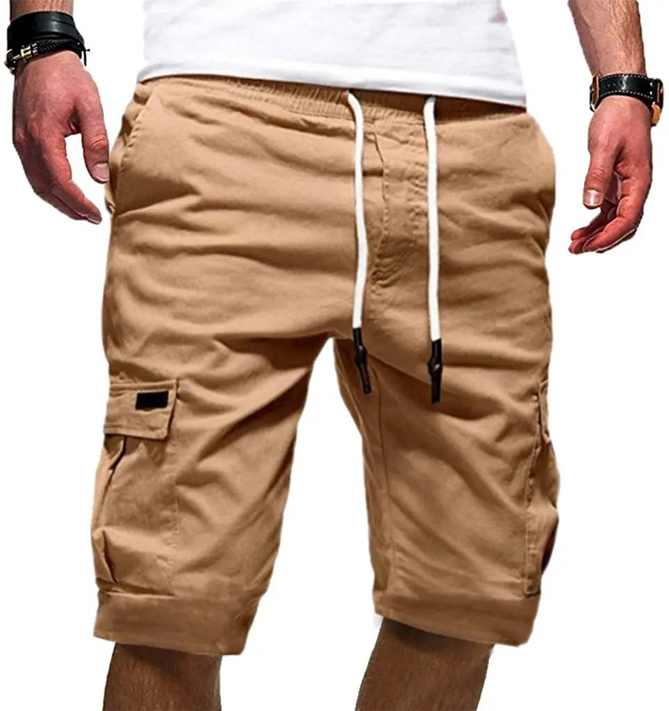 Homstar Men's Sport Pure Color Bandage Casual Drawstring Shorts,Loose Sweatpants Pant Summer Bottoms Cotton Below Knee Length Pants Casual Sports Joggers Shorts Summer Gym Pants Khaki