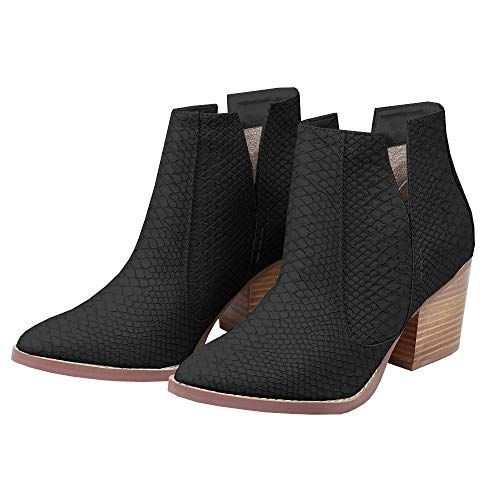 Huiyuzhi Womens Cutout Ankle Boots Pointy Toe Perforated Stacked Heeled Casual Chelsea Booties