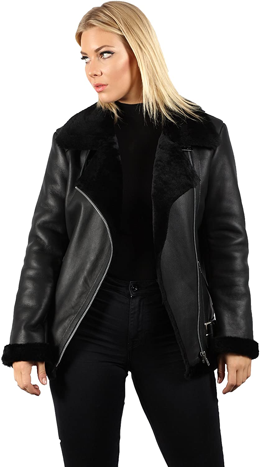 Infinity Women's Black Real Shearling Sheepskin Aviator Pilot Leather Jacket