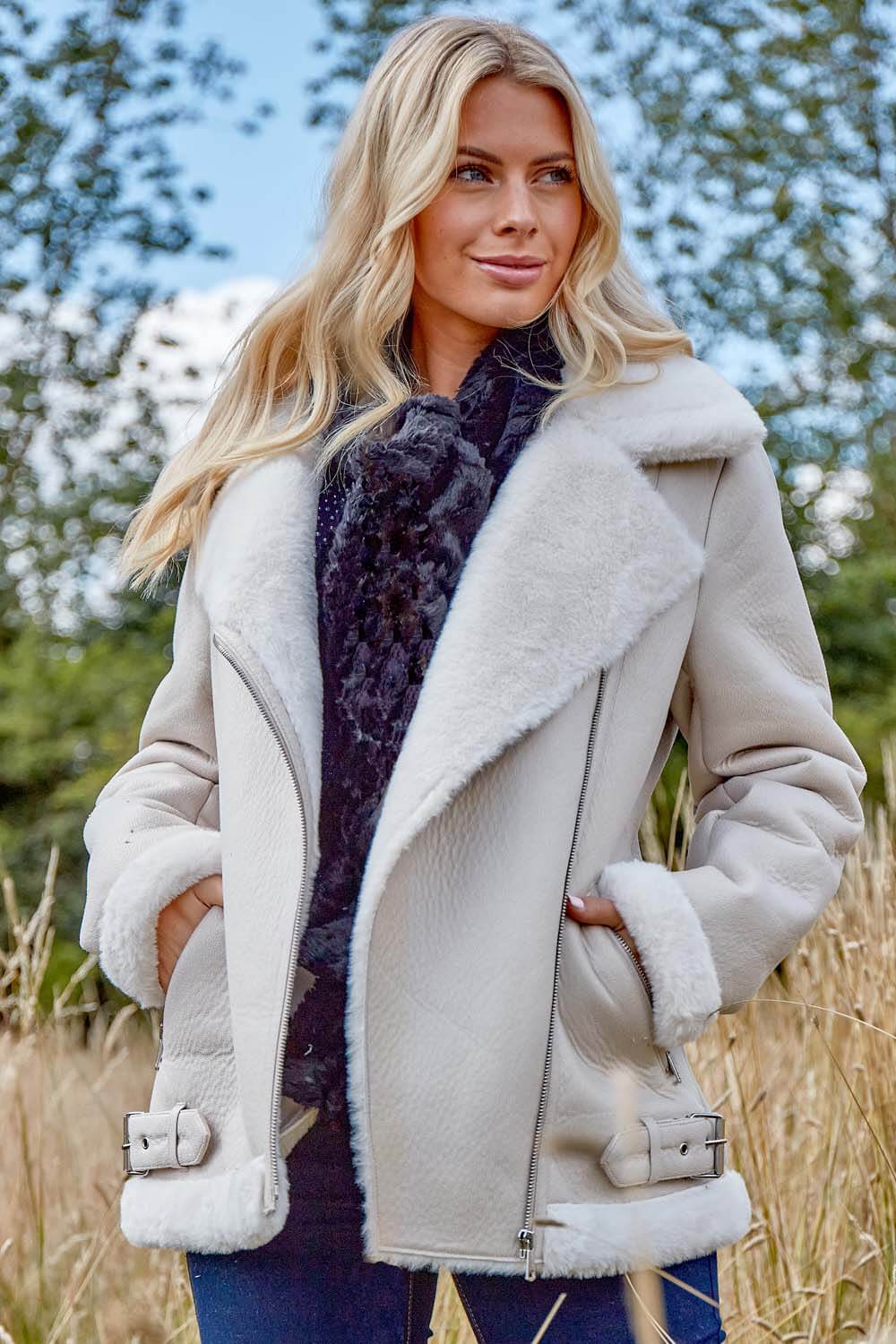 Ivory Faux Fur Lined Zip Detail Aviator Jacket
