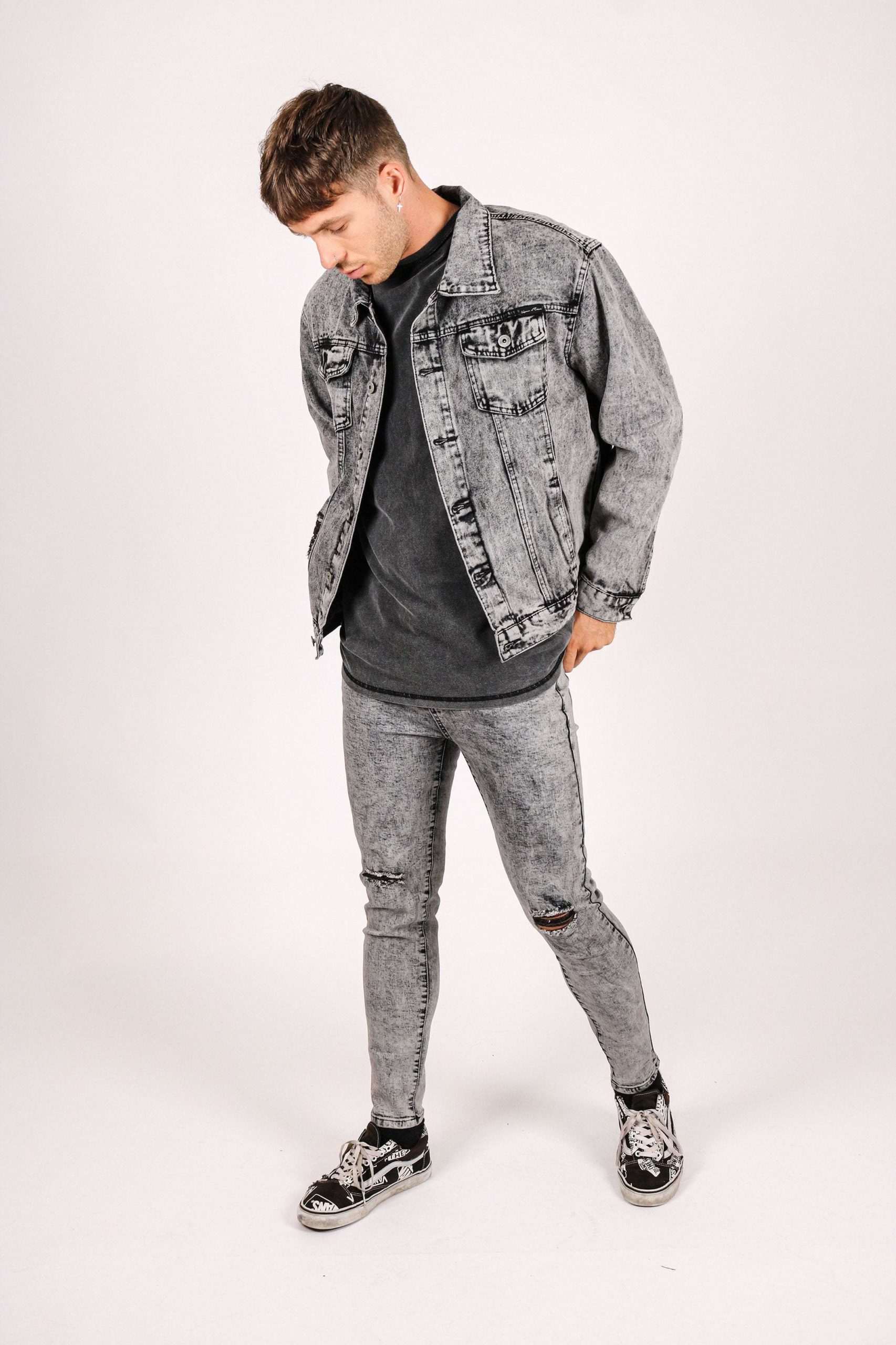 Jaden oversized distressed denim jacket in acid wash grey