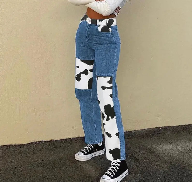 Jeans, cow print, blue, black, straight leg