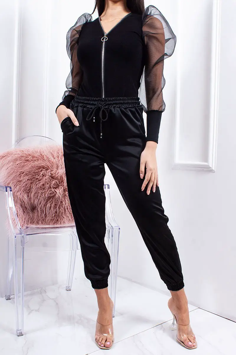 KATIE BLACK SATIN CUFFED BASIC JOGGERS