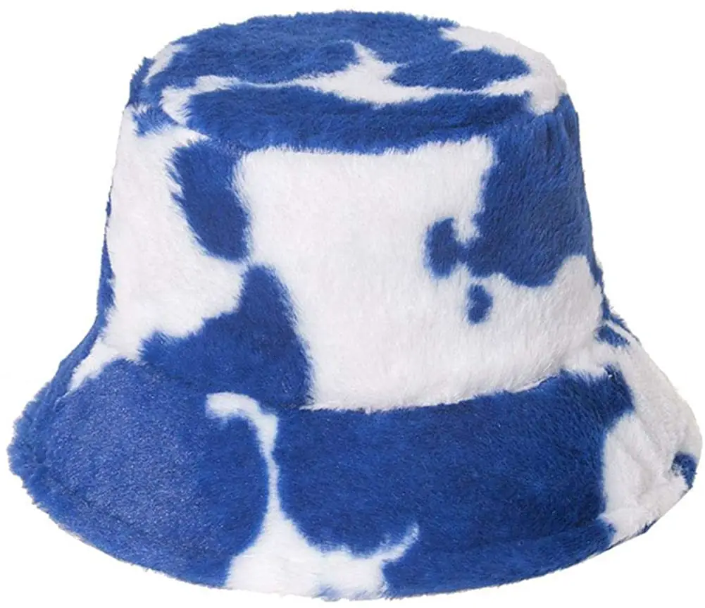 Kaikso-In Furry Bucket Hat for Women,Cow Milk Print Fisherman Hat, Winter Plush Cap