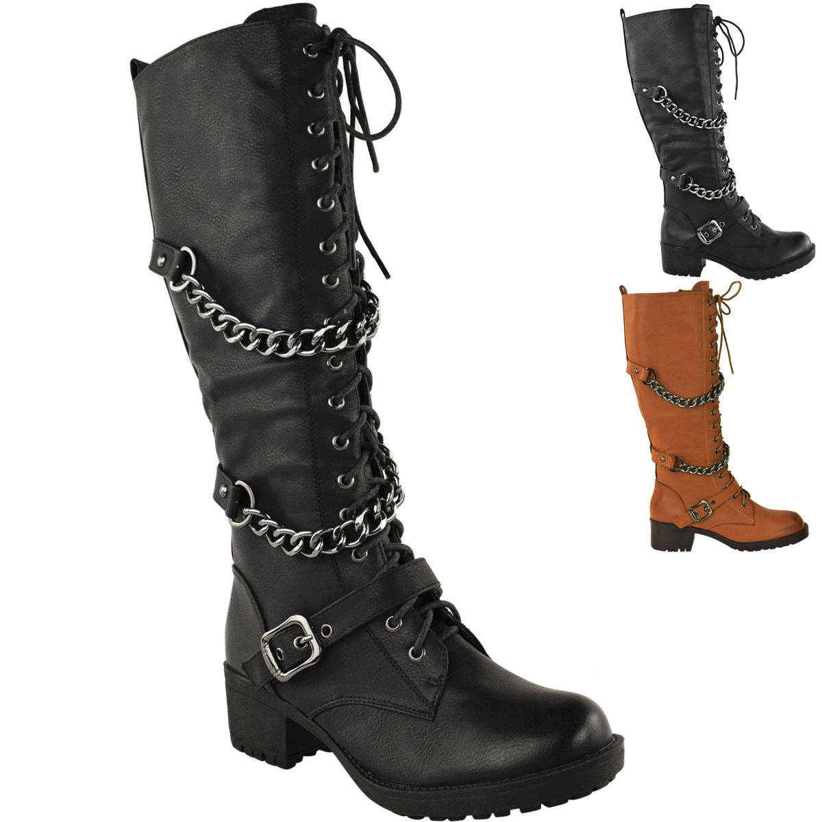 Ladies Womens Knee High Mid Calf Lace Up Biker Punk Military Combat Boots Shoes