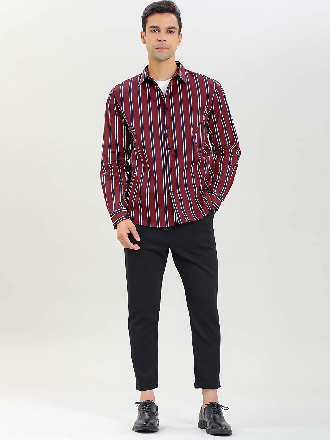 Lars Amadeus Men's Casual Business Long Sleeve Button Down Vertical Striped Dress Shirts