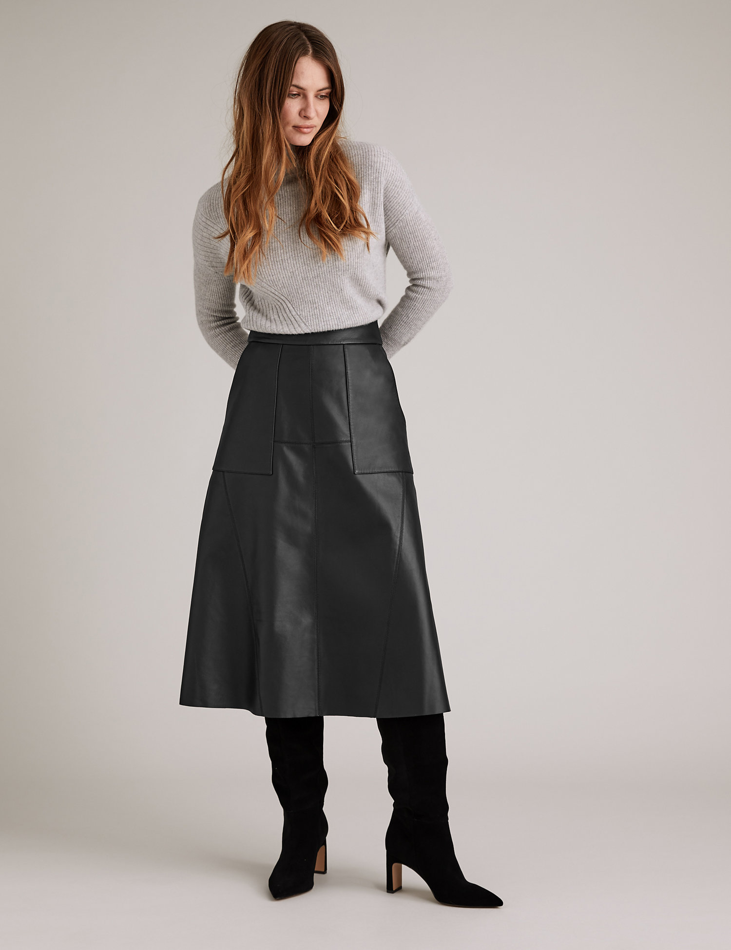 Leather Midi A-Line Skirt
