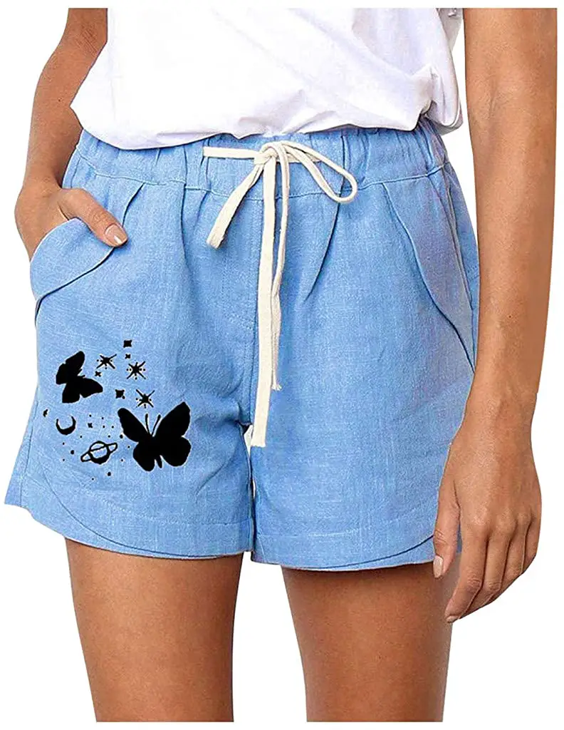 Linen Shorts Women's Wide Leg Shorts, Lulupi Printing Elastic Waist Shorts Ladies Loose Casual Shorts Summer Breathable Comfortable Shorts