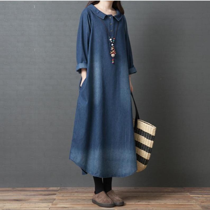 Long Sleeve Cotton Denim Midi Shirt Dress with Pockets