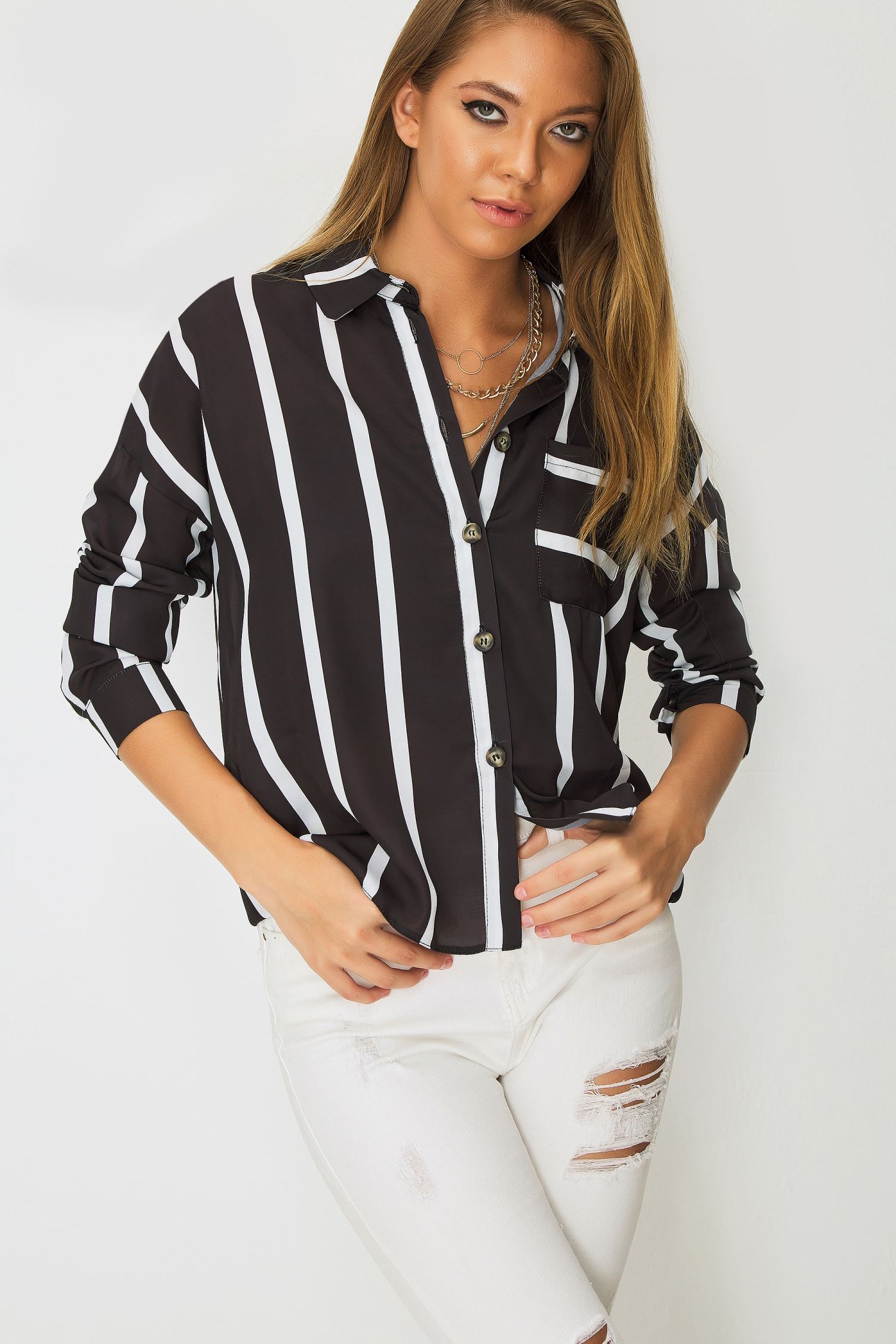 MONO STRIPE BOXY BUTTON DETAIL SHIRT