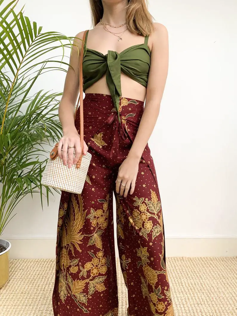 Maroon Cotton Wrap Around Trousers, Flares, Bali, Festival Trousers, Oriental Handmade Trousers, Floral Bird Print