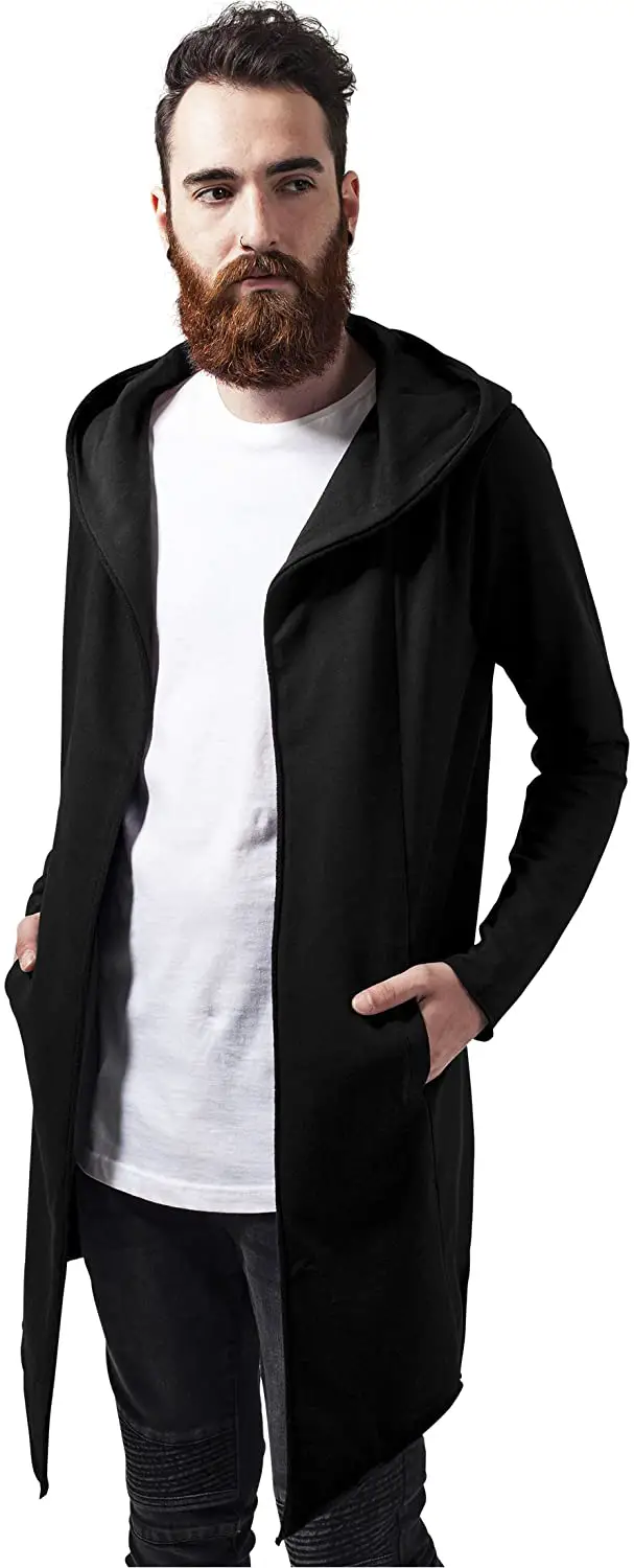 Men's À Capuche Long Frayed Sleeve Sweatshirt with Hoodie, Open Front Cardigan
