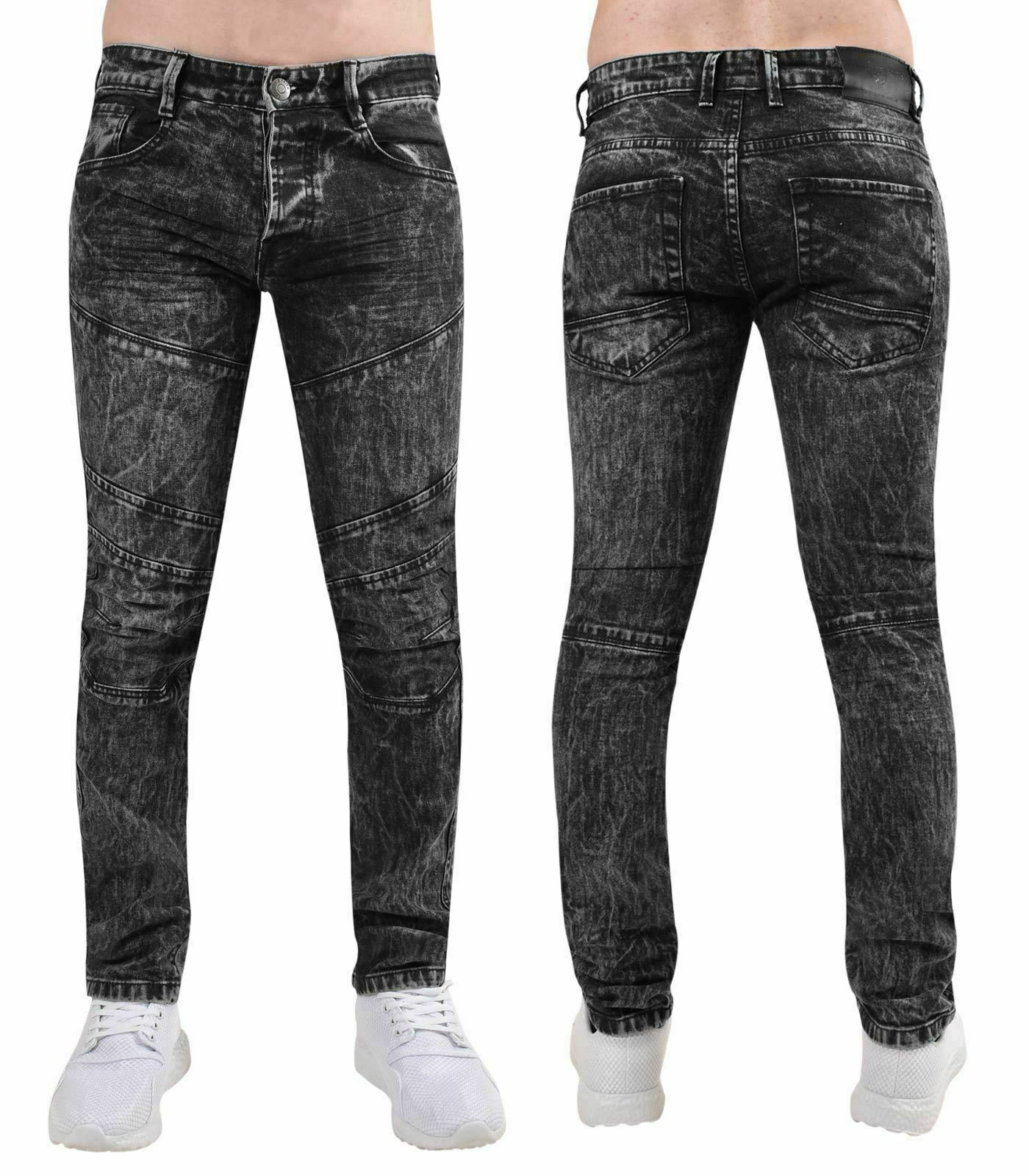 Mens Big Size Jeans Cotton Straight Fit Black Acid Wash Zipped Stretched Denim