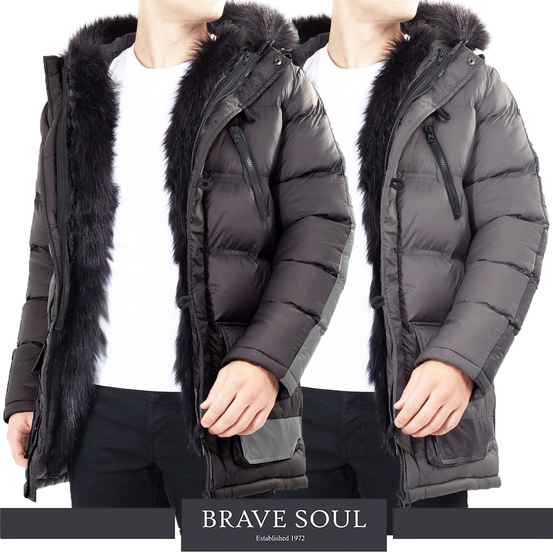 Mens Brave Soul Padded Faux Fur Lined Trim Hood Puffer Jacket Winter Bubble Coat