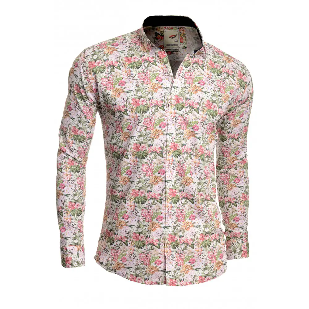 Men's Casual Dress Vivid Shirt Floral Printed 100% Cotton Slim Fit White