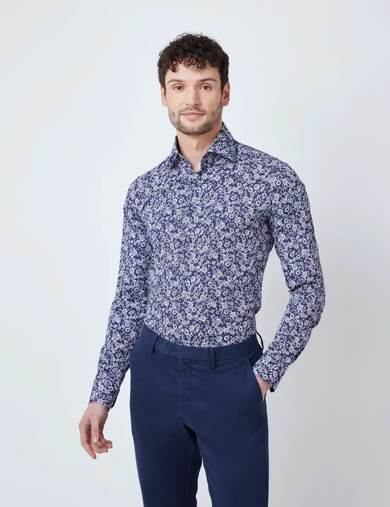Men’s Curtis Navy & White Floral Print Stretch Slim Fit Shirt