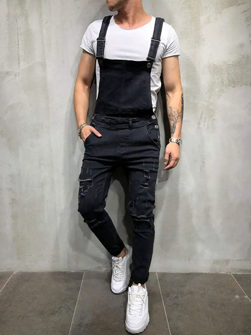 Mens Denim Dungaree Bib Overalls Jumpsuits Moto Biker Suspender Jeans Pants Trousers