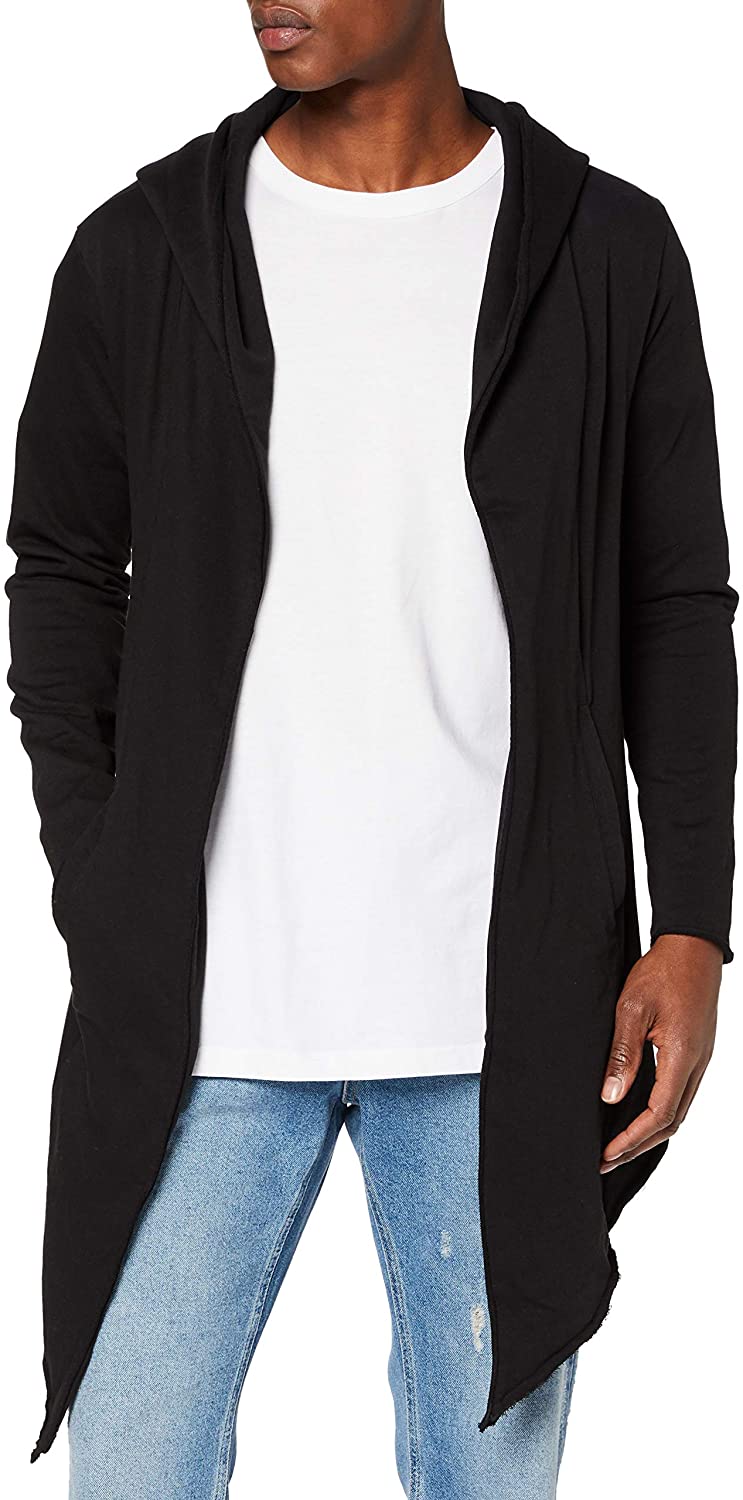 Men's Hooded Edge Long Frayed Sleeve Sweatshirt with Hoodie, Open Front Cardigan