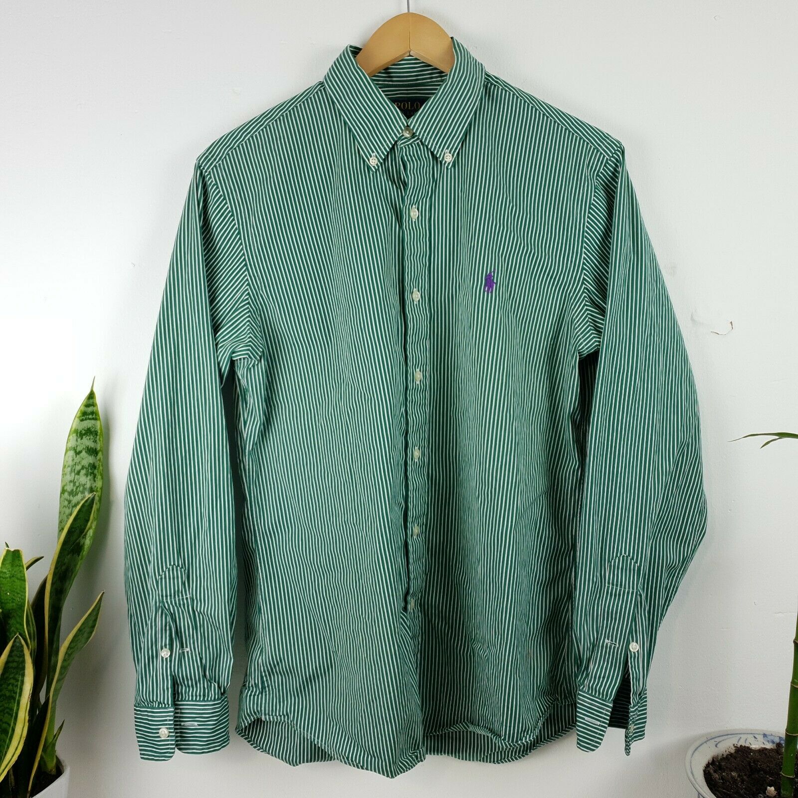 Mens Polo ralph lauren shirt Large green striped sleeved logo cust