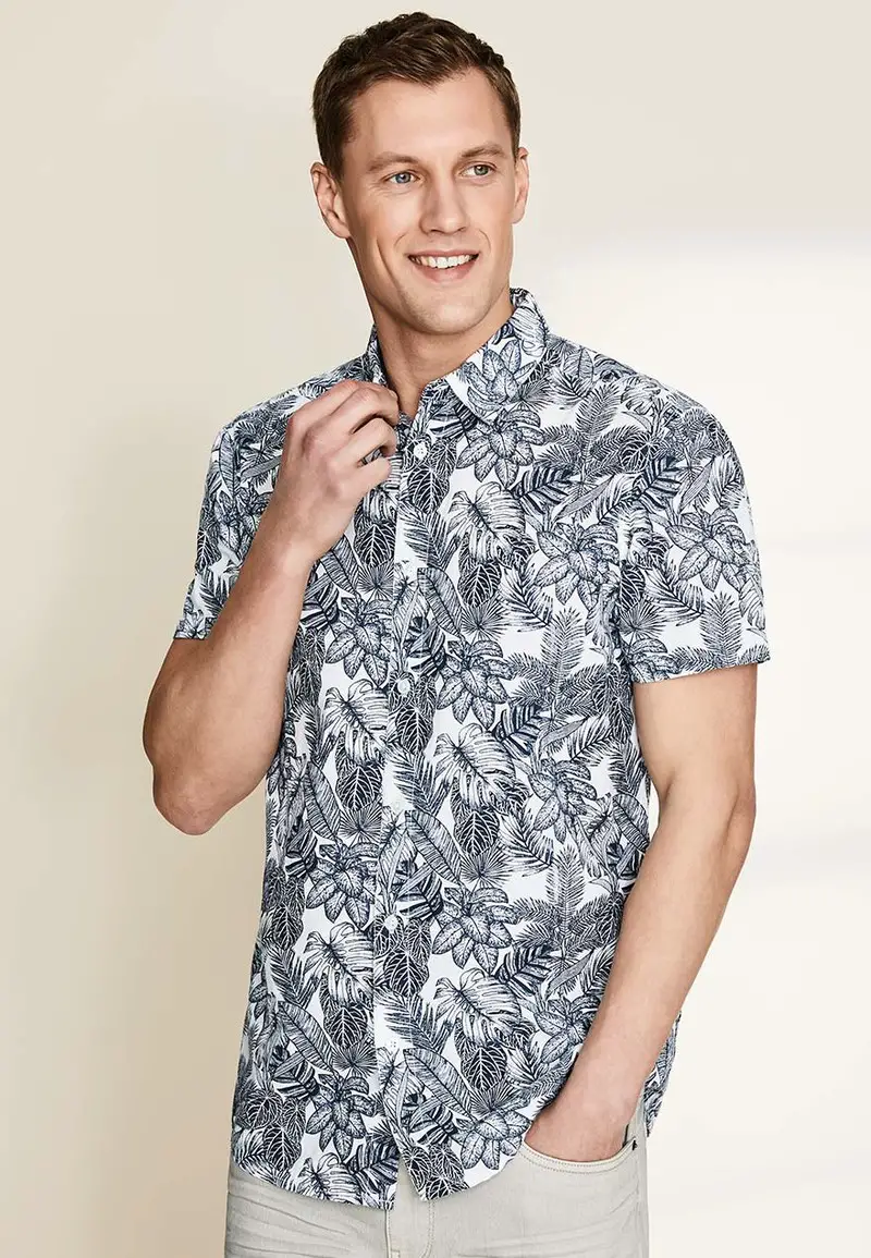 Mens White Short Sleeve Leaf Print Linen Shirt