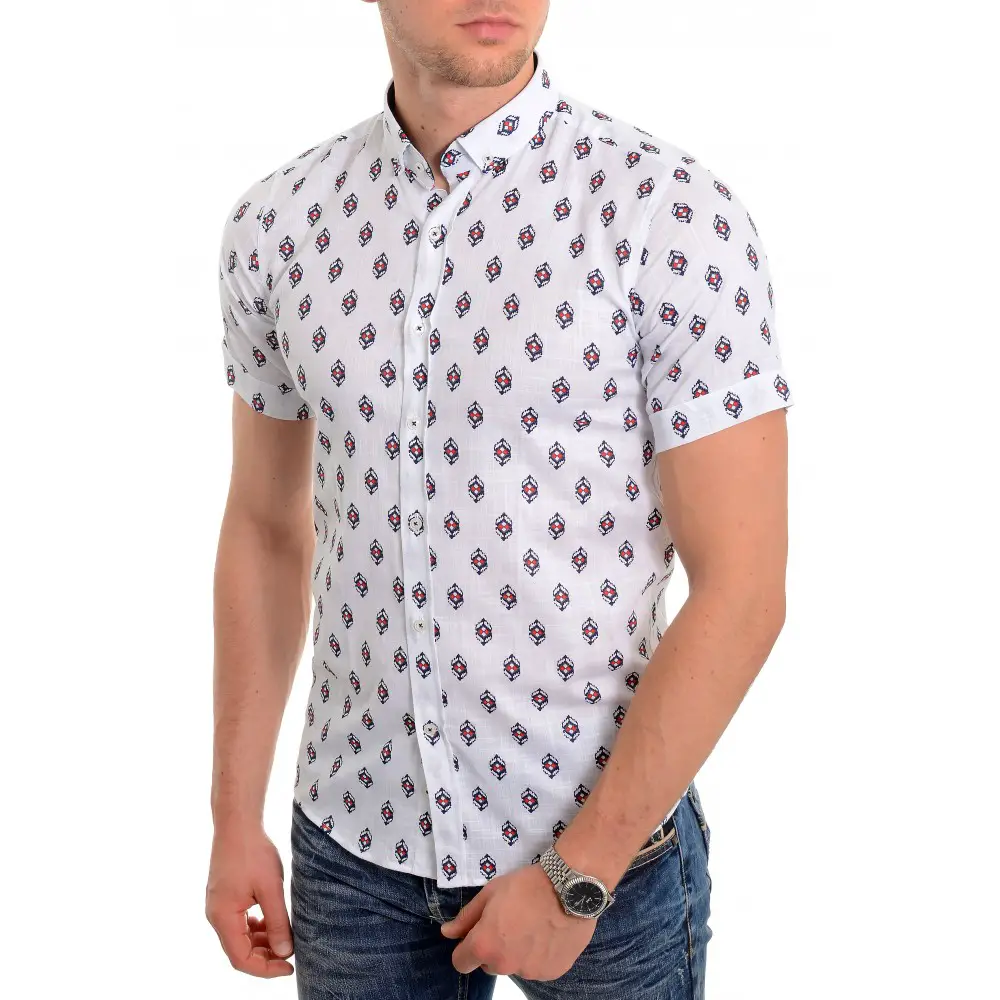 Men's casual summer shirt Soft Linen look Cotton Short Sleeve Diamond Pattern