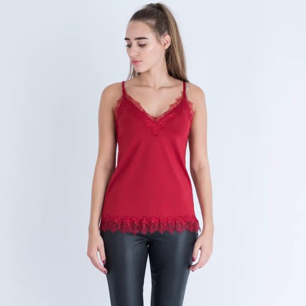 Metallic Lace Trim A Line Cami Dark Red