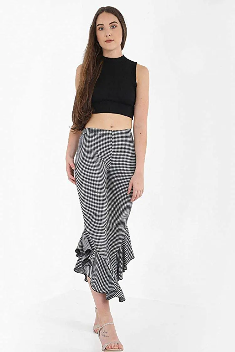 Momo&Ayat Fashions Ladies Gingham Check Flared Frill Hem Cropped Trousers UK Size 6-14