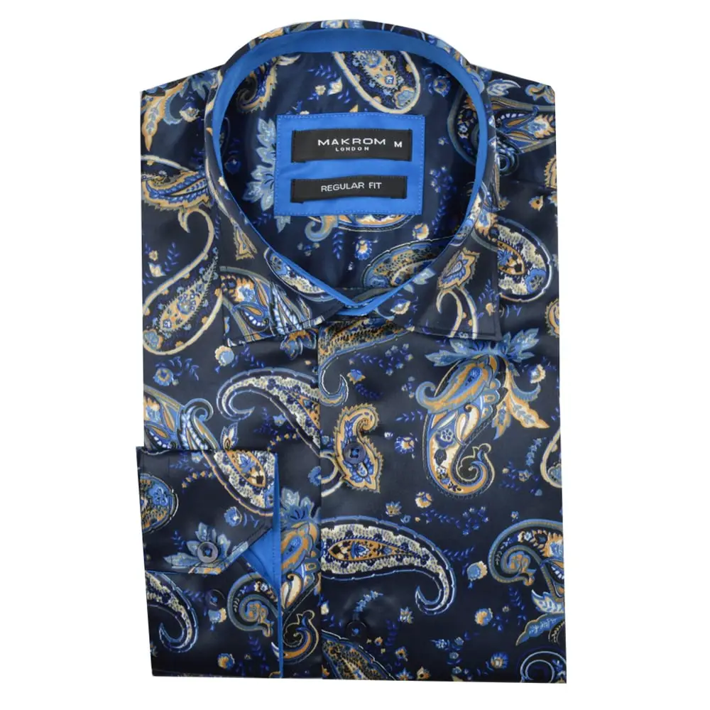 Navy Satin Paisley Patterned Men's Shirt