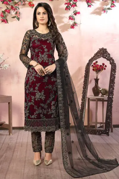 Net Fabric Maroon Color Embroidery Work Salwar Suit