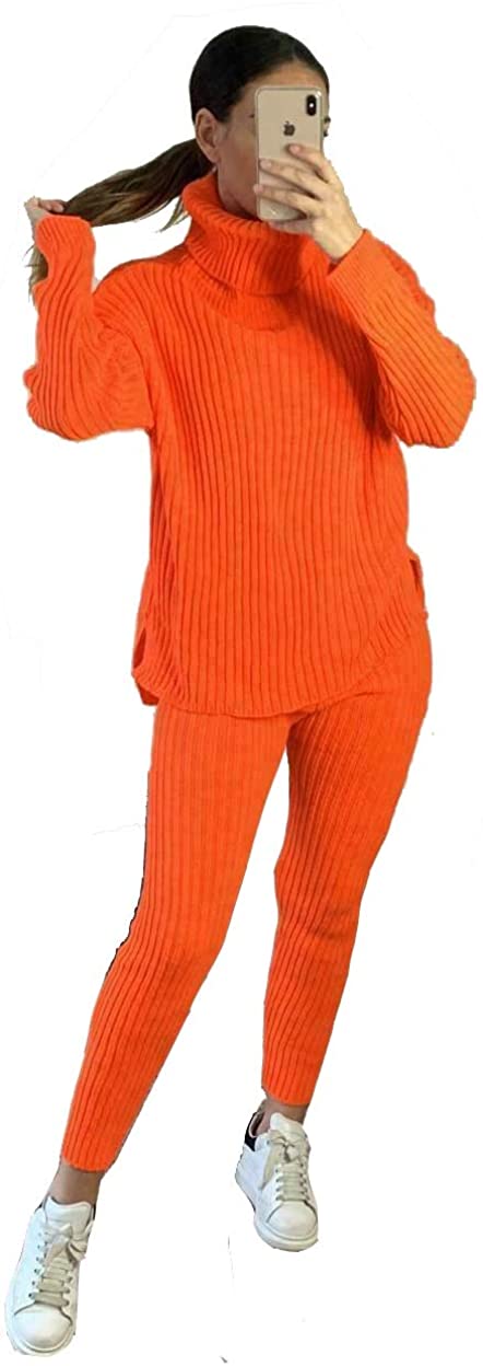 New Ladies Chunky Knitted High Roll Neck Top Bottom Loungewear 2 Piece Set Tracksuit