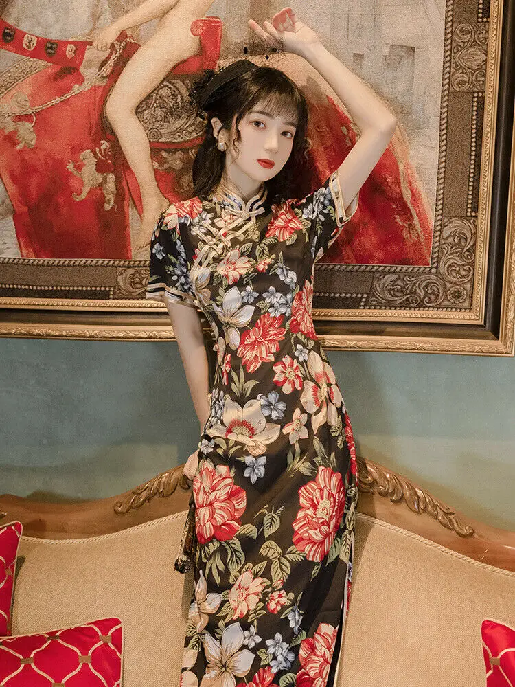 New Luxurious Cotton Chinese Black Floral Long Dress