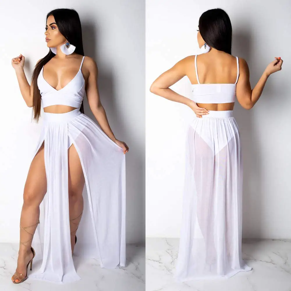 New Sexy Woman V-Neck Strap Crop Tops Slip Long Skirt