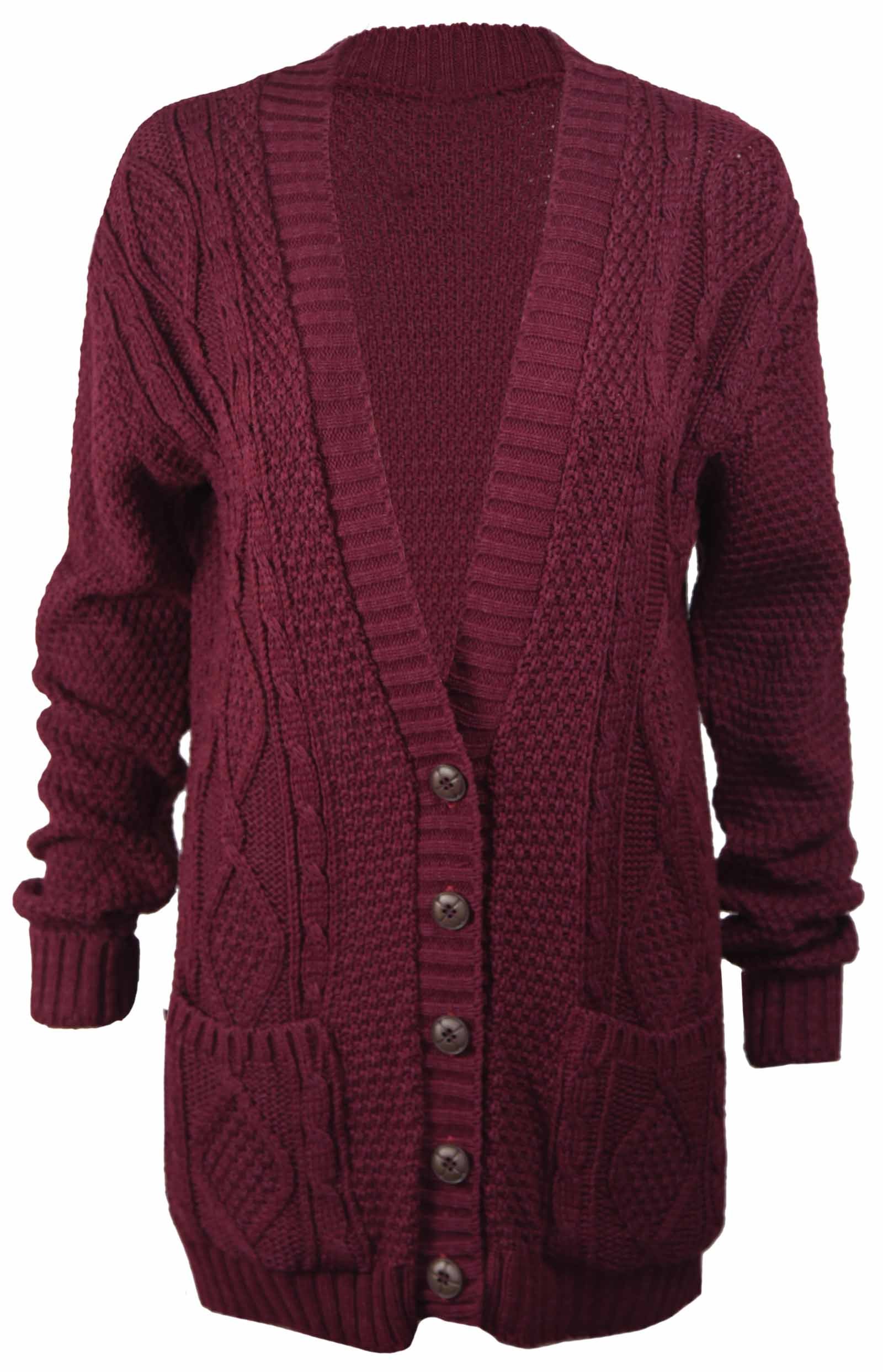 New Womens Everyday Long Sleeve Button Top Ladies Chunky Aran Cable Knit Grandad Cardigan