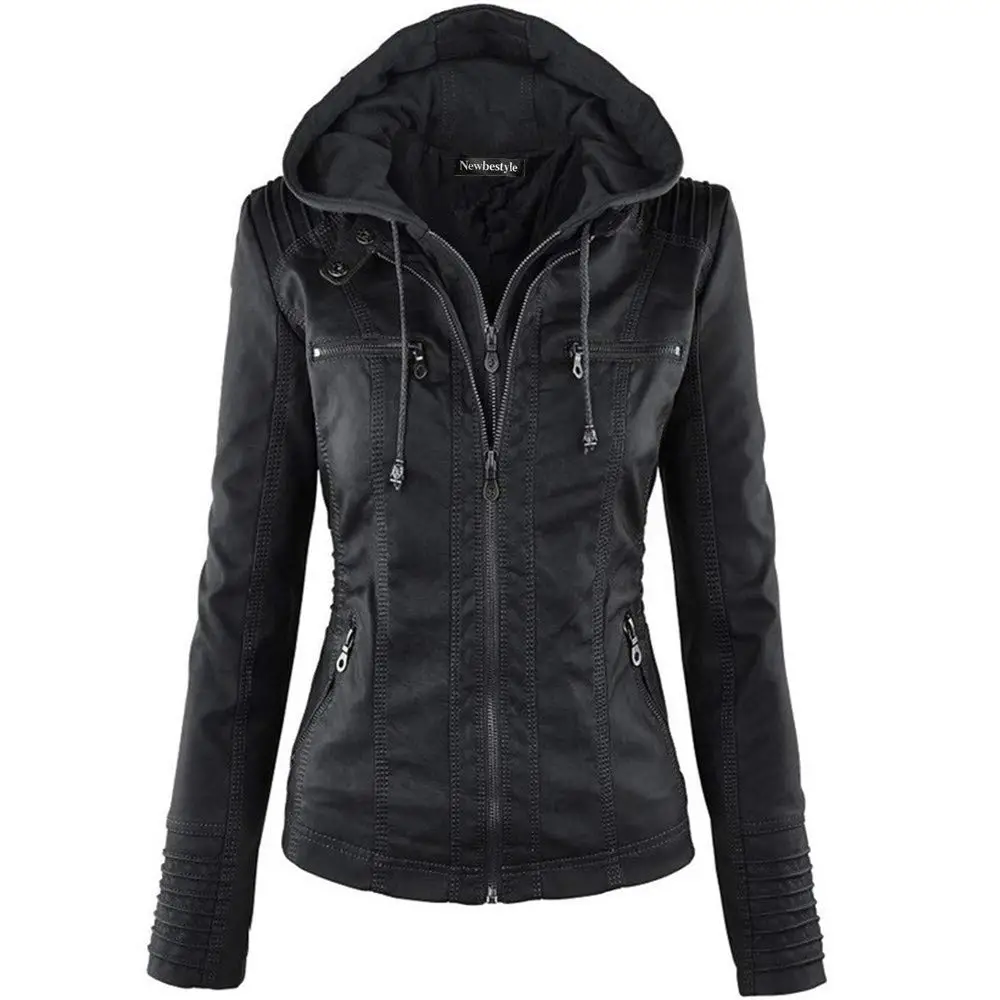 Newbestyle Womens Hooded Faux Leather Jacket Quilted Zip Up Jacket