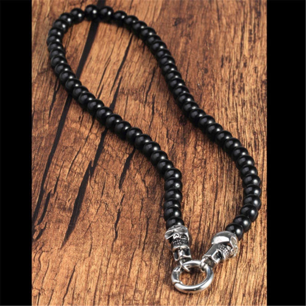OAKKY Mens Black Onyx Beads Necklace for Pendant, Stainless Steel Skulls Round Clasp