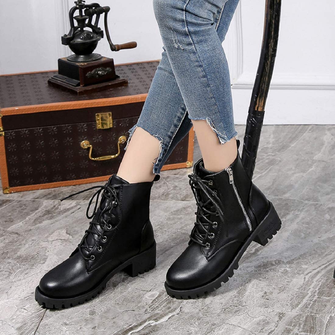 PAOLIAN Womens Boots Women's Lace Up Stacked Chunky Heel Ankle Short Booties Vintage Leather Side Zipper Short Cowboy Motorcycle Boot Shoes