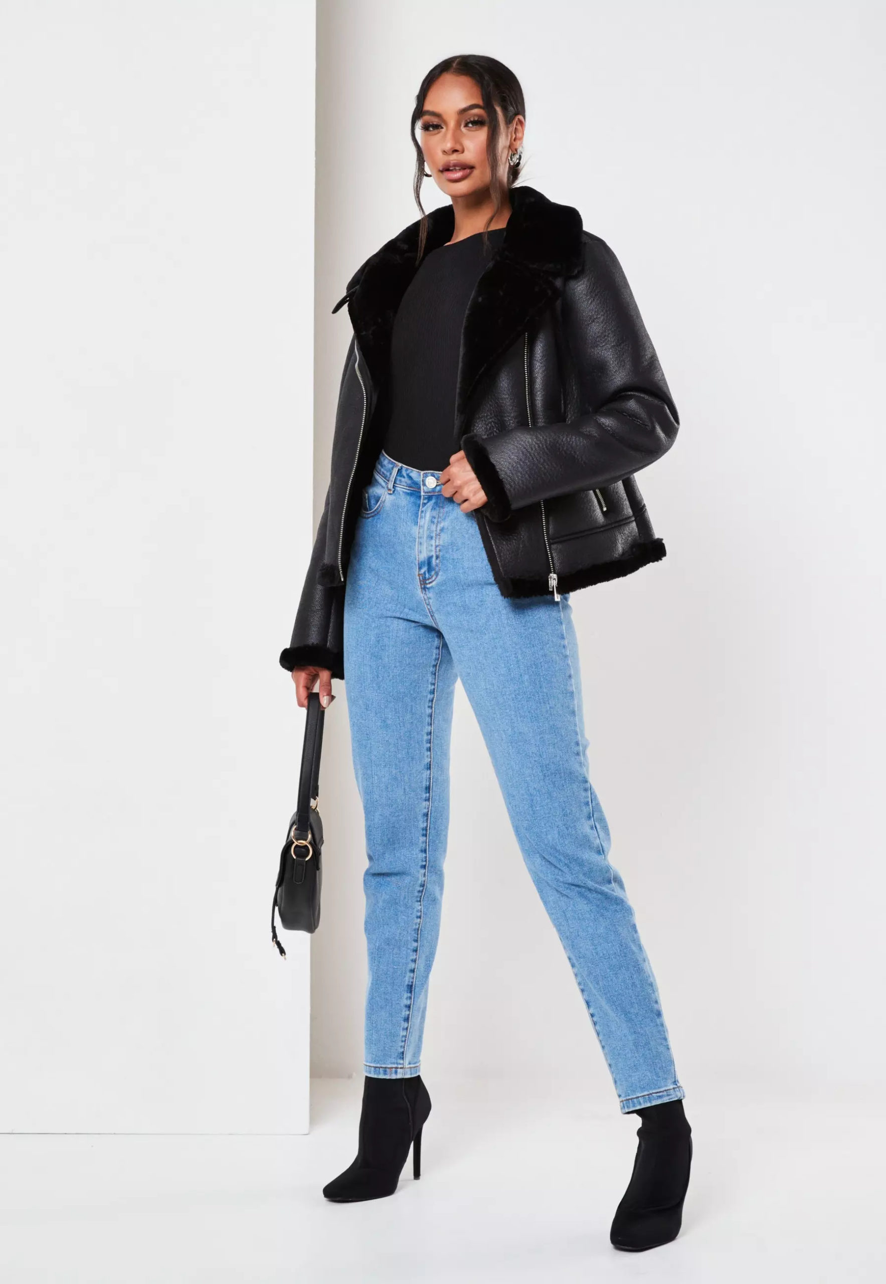 Petite black faux fur lined aviator jacket