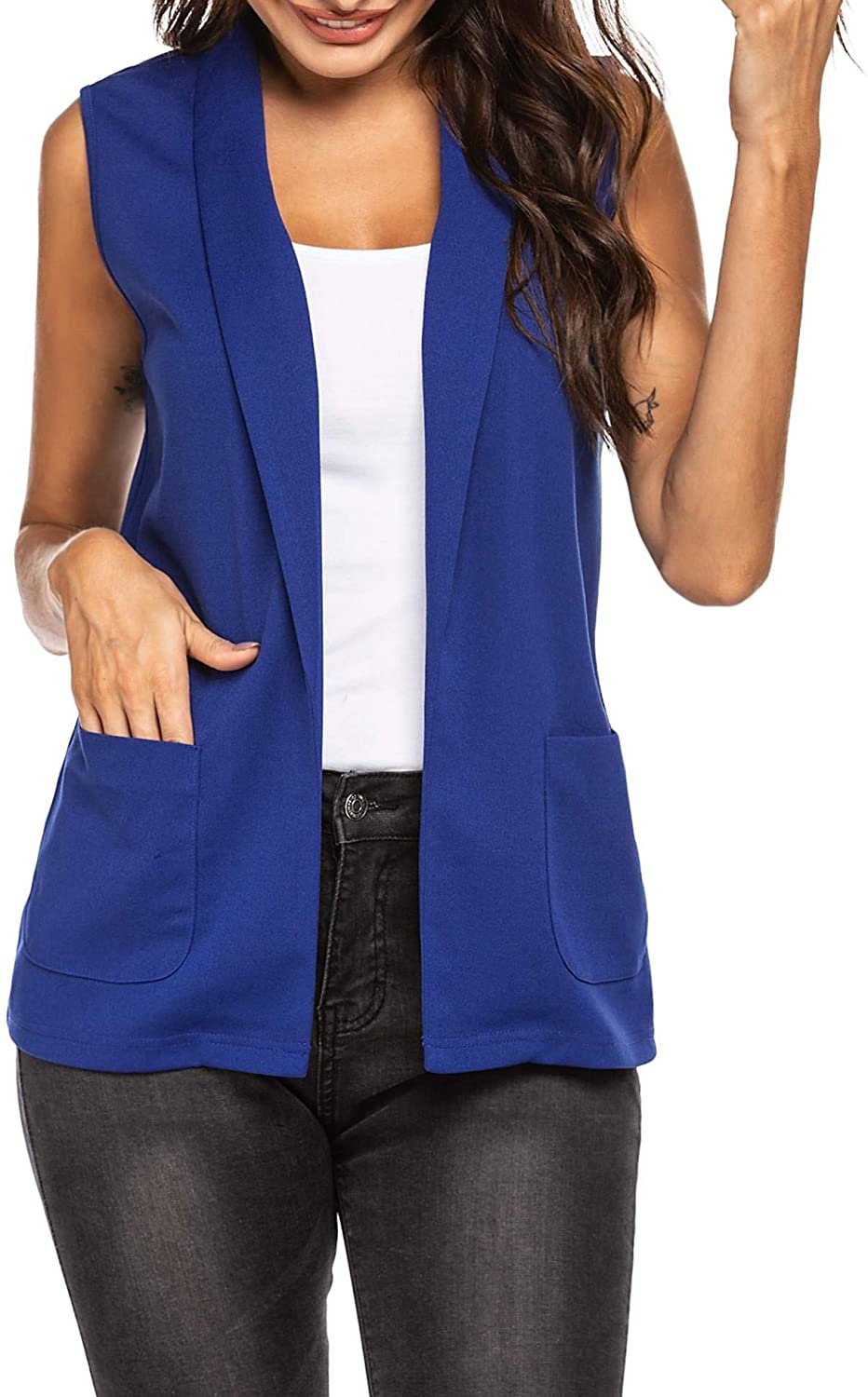 Pinspark Women Open Front Work Office Vest Casual Sleeveless Blazer with Pockets