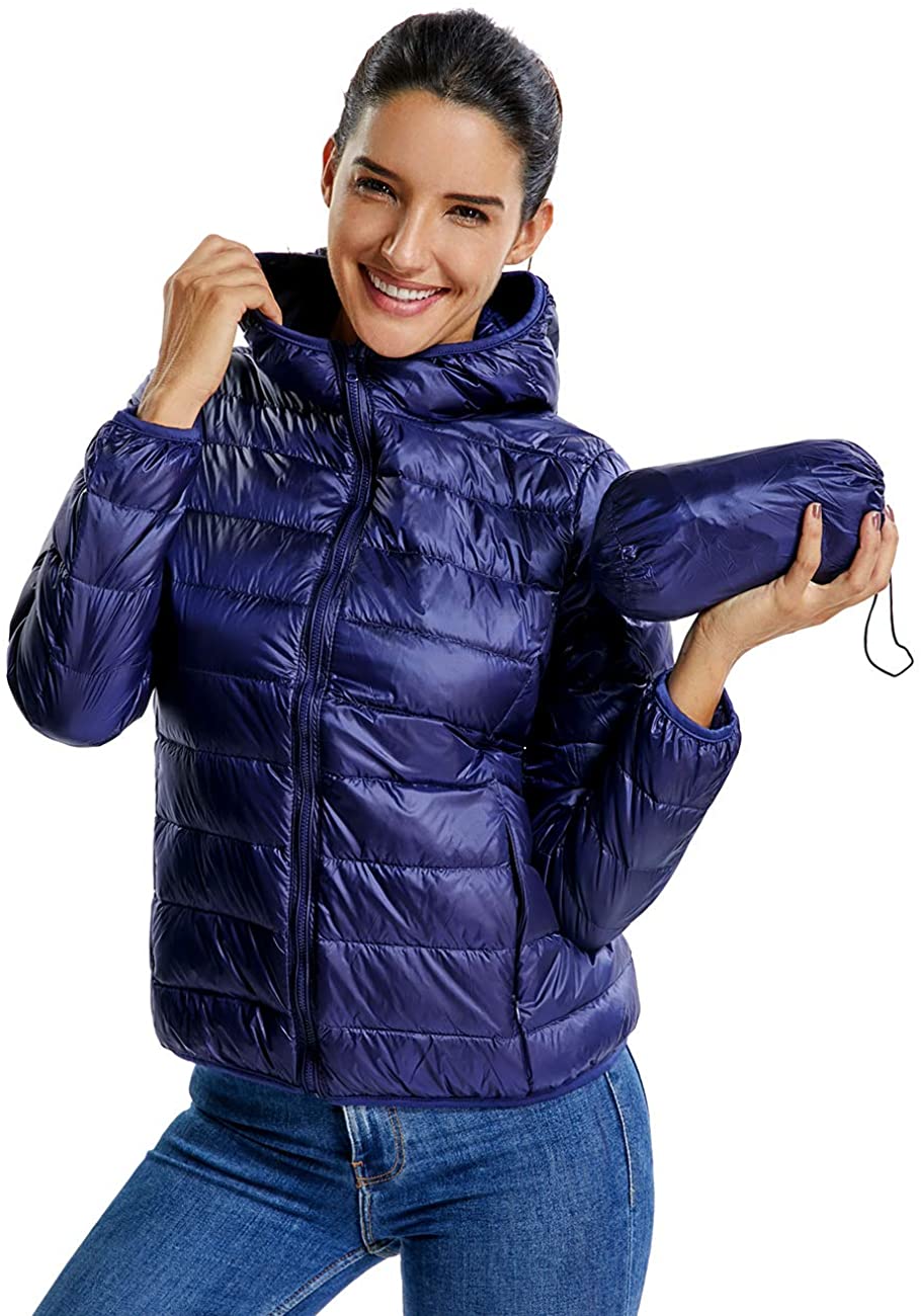 RIOJOY Packable Down Jacket Women Hooded Ultra Lightweight Short Winter Jacket with Carry-on Bag