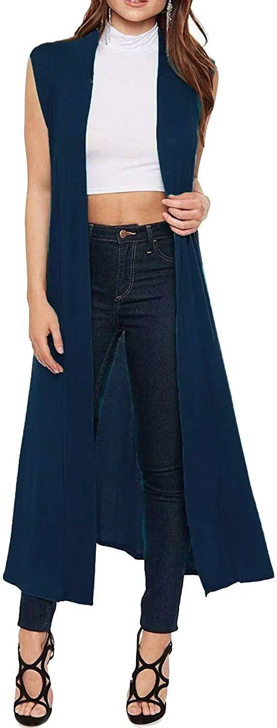 Re Tech UK Womens Ladies Sleeveless Maxi Long Length Boyfriend Cardigan Collared Top Long Floaty Duster Jacket Coat Blazer